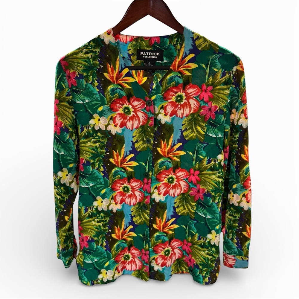 100% Silk Hawaiian Floral Button Up Vintage 90s Size 8 Tropical Vacation Shirt